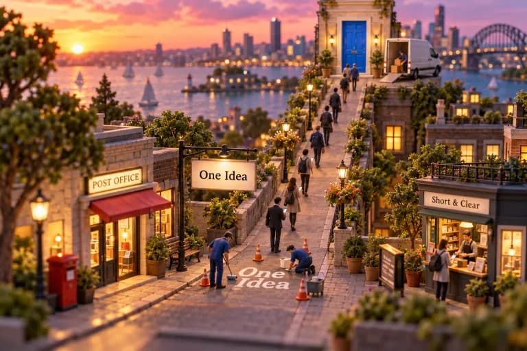 A single straight avenue runs from a small post office to a bright blue door at the far end, with no side streets to pull anyone away.