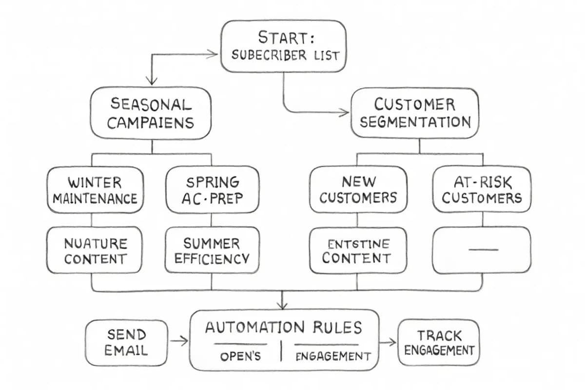 Diagramme du flux de campagne email marketing HVAC montrant l'automatisation saisonnière et la segmentation de liste. Le diagramme doit afficher un organigramme avec la structure suivante: le point de départ se divise en deux chemins principaux (campagnes saisonnières et segments de clients). Le chemin saisonnier montre les boîtes Hiver, Printemps, Été, Automne avec les types d'emails correspondants (entretien du chauffage, préparation AC, conseils d'efficacité, vérifications du système). Le chemin de segmentation montre les types de clients (nouveaux clients, clients existants, clients à risque) se transformant en séquences email personnalisées. Les deux chemins convergent dans les règles d'automatisation qui se déclenchent en fonction du comportement du client (ouvertures, clics, inactivité). Inclure des indicateurs visuels pour les recommandations de fréquence email (emails de nurture vs emails promotionnels) et les métriques ROI notées dans le contexte de l'article.