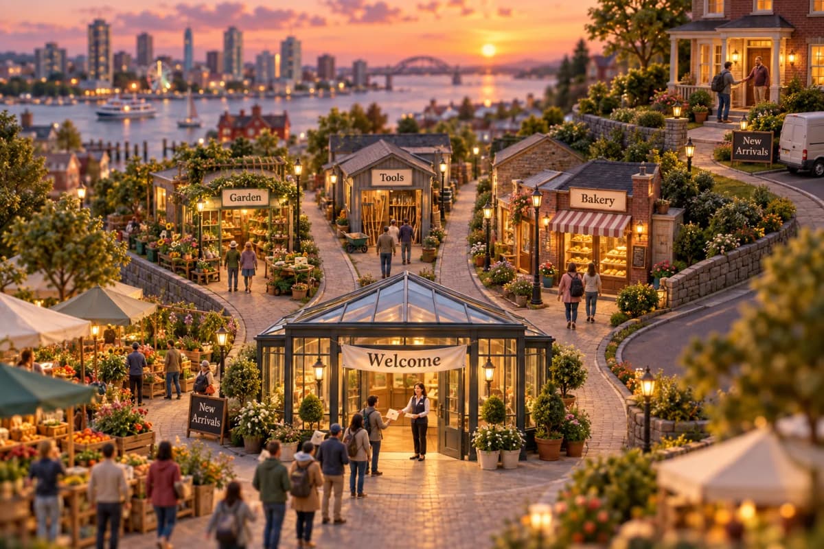 A wide boulevard curves inward like a funnel, where small crowds drift from an open-air market toward a tidy glass-fronted pavilion whose doorway is hung with a paper welcome banne