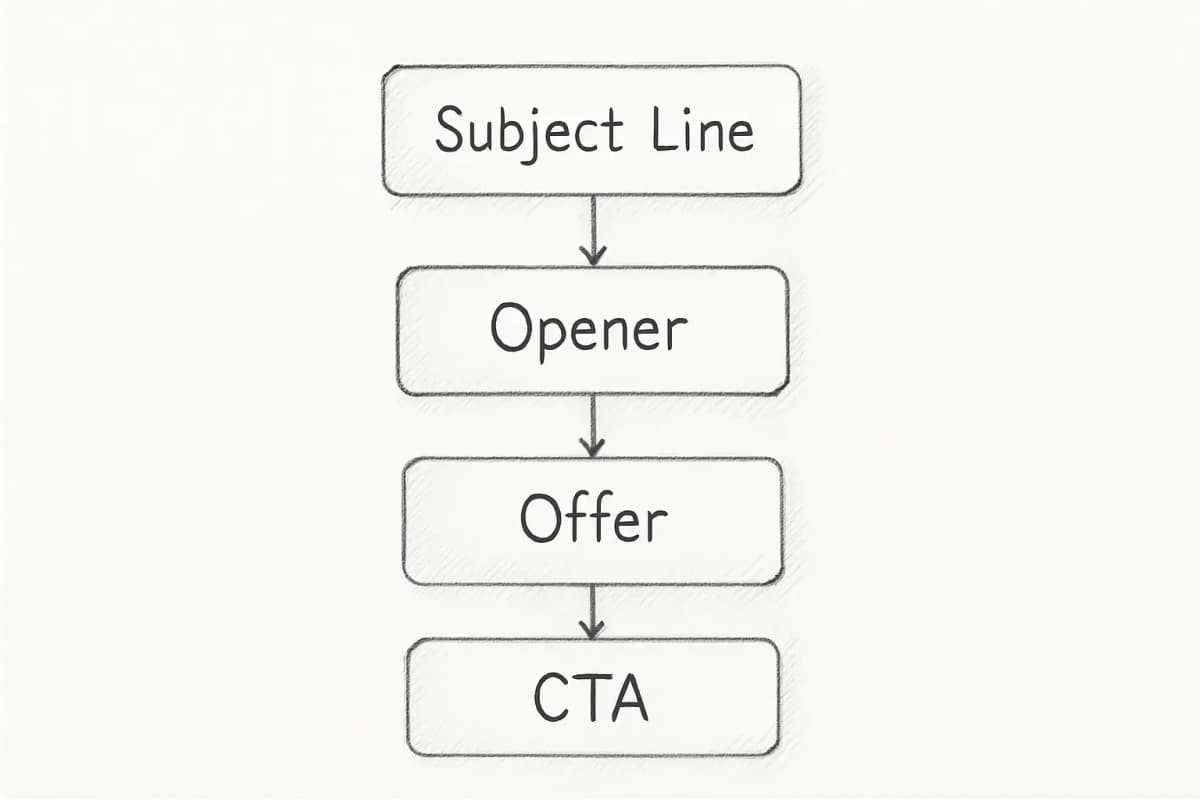 Quatre cartes de modèle d'email disposées sur une surface de bureau propre, chaque carte montrant une section distincte d'un email de prospection d'influence: (1) section Ligne d'Objet avec texte d'aperçu, (2) section Ouverture avec salutation et accroche, (3) section Offre mettant en évidence les bénéfices de collaboration, (4) section CTA avec bouton d'appel à l'action. Les cartes doivent se chevaucher légèrement ou être disposées en grille avec des ombres subtiles pour montrer la profondeur. Esthétique minimaliste avec couleurs neutres et typographie propre.