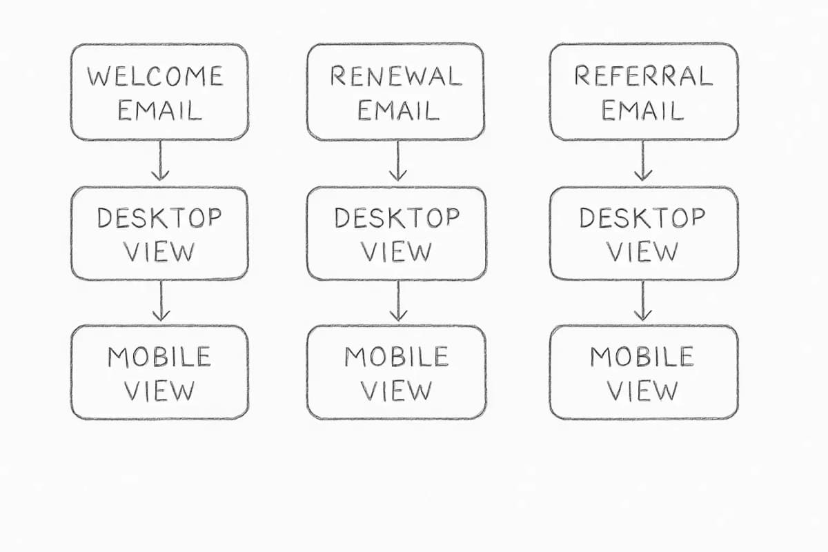 Three insurance email template layouts displayed side-by-side showing welcome, renewal, and referral email designs. Each template shows both desktop and mobile versions with realistic email content including headers, body text, call-to-action buttons, and footer information. The designs should appear professional yet approachable, using insurance industry color schemes (blues, grays, greens). Include visual distinction between the three email types while maintaining consistent branding across all templates.
