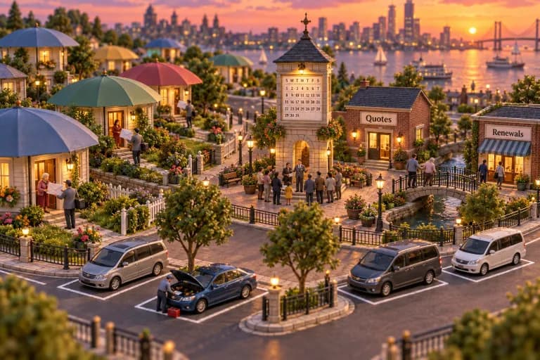 A tidy miniature neighborhood where every rooftop is sheltered by a wide umbrella-shaped awning, and tiny agents in gray suits carry oversized paper envelopes up garden paths, hand
