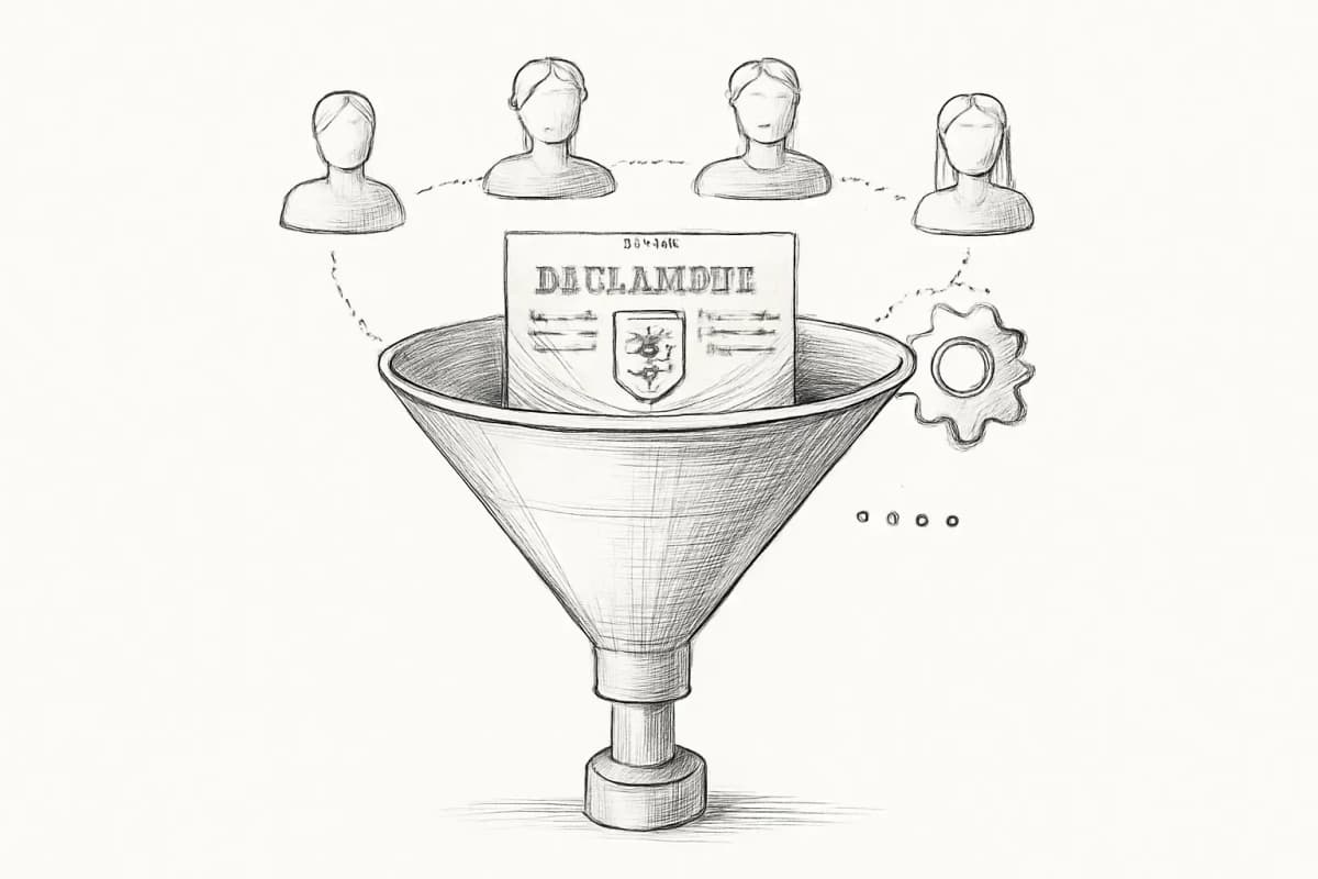 Illustration montrant un entonnoir de email marketing pour l'assurance vie avec des étapes d'audience segmentées, automatisation