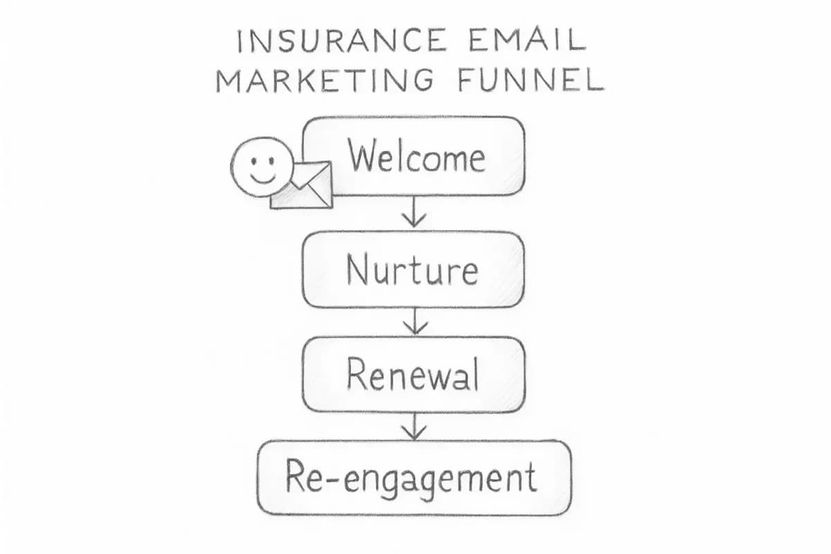 Diagramme d'entonnoir de marketing par email d'assurance montrant quatre étapes séquentielles s'écoulant vers le bas. L'étape 1 (Bienvenue) présente les nouveaux clients avec une icône de salutation. L'étape 2 (Nurture) affiche le contenu éducatif et l'engagement avec des flèches indiquant plusieurs points de contact. L'étape 3 (Renouvellement) affiche les offres et rappels de renouvellement de police. L'étape 4 (Réengagement) affiche les campagnes de reprise pour les clients inactifs. Chaque étape est connectée par des flèches dirigées vers le bas, et le diagramme utilise une conception propre et professionnelle avec des couleurs distinctes pour chaque étape pour représenter la progression du cycle de vie client de l'acquisition à la rétention.