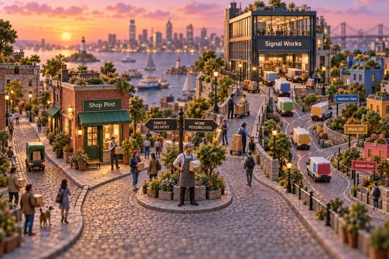 A forked cobblestone street splits around a tiny plaza where a merchant in an apron stands between two paths, a bundle of envelopes under one arm.