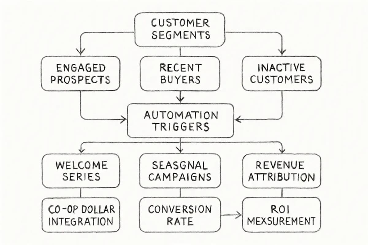 Diagramme de flux de travail de marketing par email pour les concessionnaires Kubota montrant trois composantes principales: segmentations de clients (divisées en prospects engagés, acheteurs récents et clients inactifs) alimentant les déclencheurs d'automatisation (série de bienvenue, campagnes saisonnières, séquences de réactivation), qui s'écoulent ensuite dans les métriques d'attribution de revenu. Incluez des flèches montrant la progression de la segmentation via des actions déclenchées aux résultats de ROI mesurables. Le diagramme devrait mettre l'accent sur la façon dont les dollars de coopération des concessionnaires s'intègrent dans ce flux de travail et comment la cohérence entre les points de contact drive les conversions.