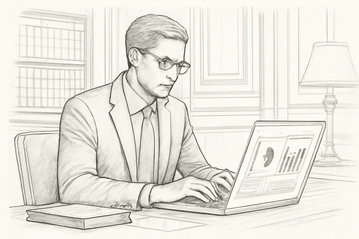 Attorney reviewing email marketing analytics on a laptop at a law firm desk
