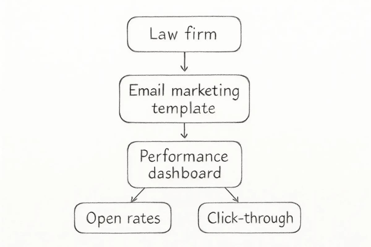 Tableau de bord de performance du modèle d'email marketing pour cabinet juridique montrant les taux d'ouverture et les métriques de clics