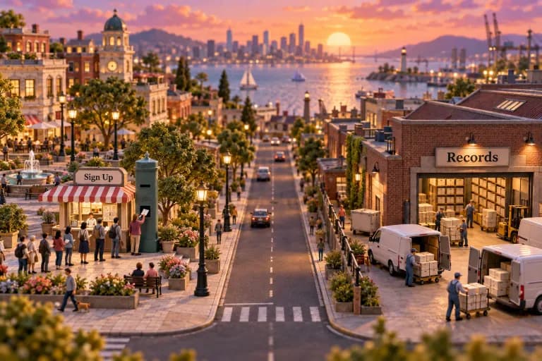 A wide boulevard splits the little city in two.