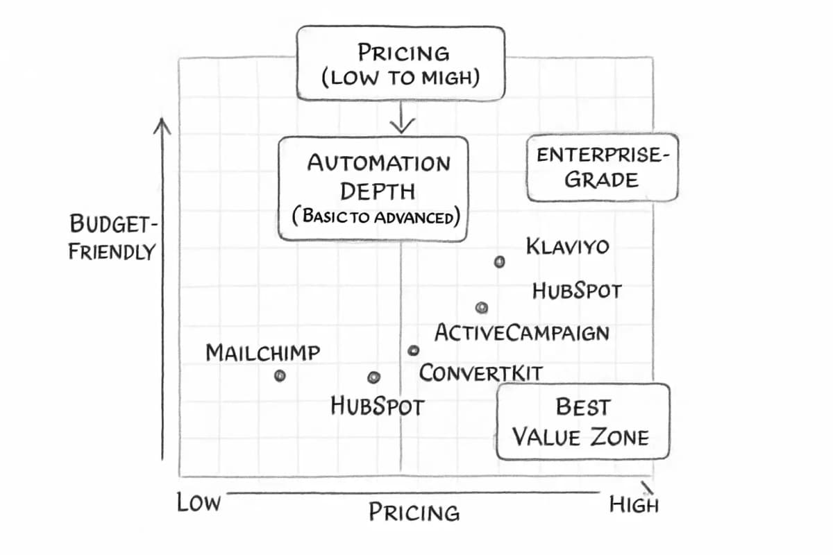 A 2x2 scatter plot chart comparing email marketing platforms. The horizontal axis represents pricing (low to high cost), and the vertical axis represents automation depth (basic to advanced features). Plot 4-6 popular platforms (MailChimp, Klaviyo, HubSpot, ActiveCampaign, ConvertKit, Brevo) as labeled points positioned according to their relative pricing and automation capabilities. Include a grid background and axis labels. Highlight the value zone where mid-range pricing meets strong automation features.