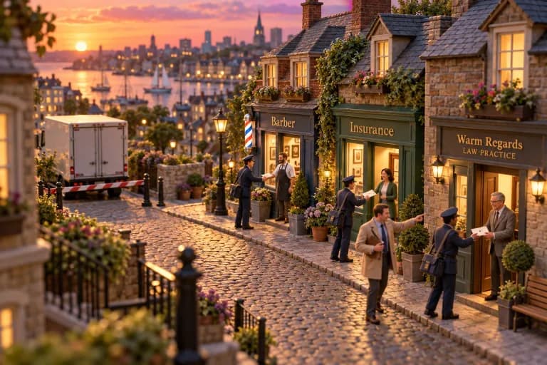 A narrow cobbled lane of small service shops — a barbershop, an insurance office, a law practice with a sign reading "Warm Regards" — where individual postal carriers on foot hand