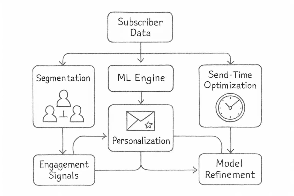 Flowchart showing an ML-powered automated email workflow with a central hub branching into three parallel optimization paths: segmentation (left branch showing audience division), personalization (center branch showing content customization), and send-time optimization (right branch showing timing refinement). Each branch should show how machine learning continuously learns from subscriber behavior to improve outcomes. Include feedback loops returning to the central hub to represent continuous model refinement based on engagement data.