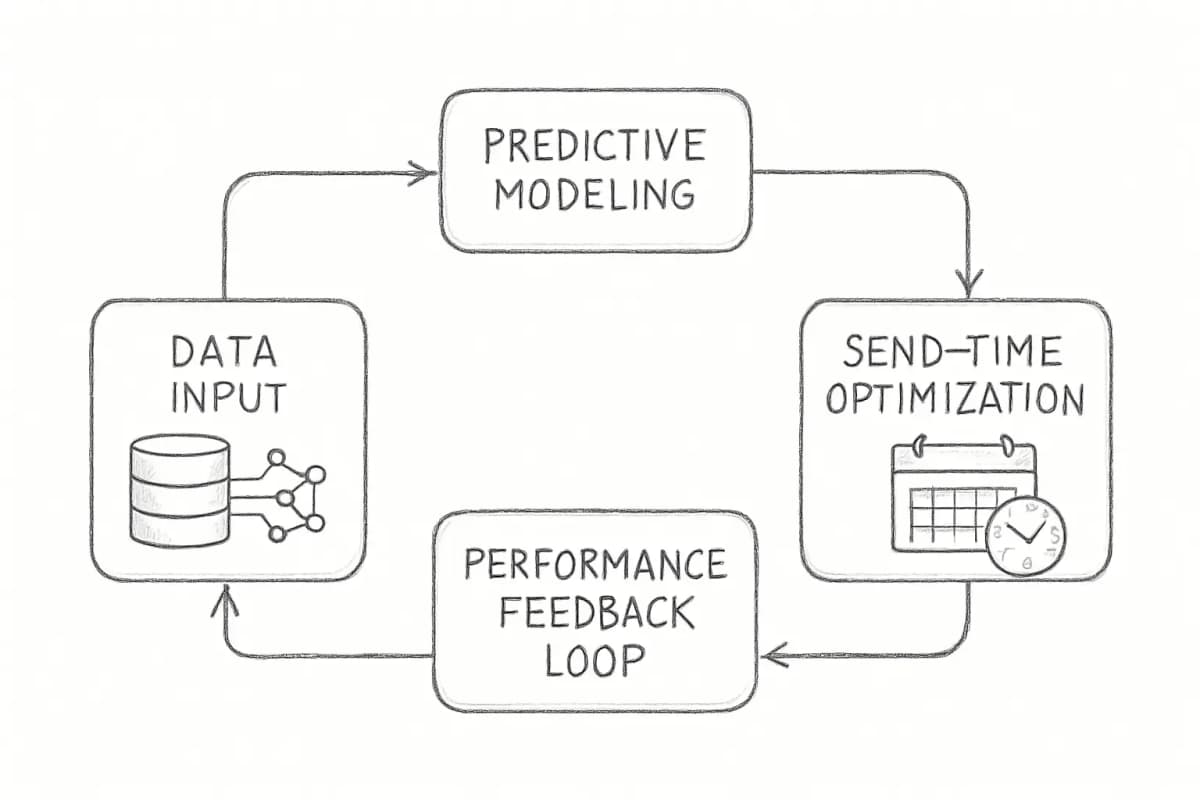 Organigramme montrant le flux de travail du machine learning pour l'email marketing avec quatre étapes connectées: boîte d'entrée de données sur la gauche recevant les données clients, flèche pointant vers la droite vers la boîte de modélisation prédictive montrant le traitement algorithmique, flèche vers la boîte d'optimisation de l'heure d'envoi montrant les icônes de calendrier et d'horloge, flèche vers la boîte de boucle de retour de performance, puis flèche courbe revenant à l'entrée de données pour fermer le cycle. Utilisez un schéma de couleurs professionnel bleu et gris avec des icônes pour chaque étape.