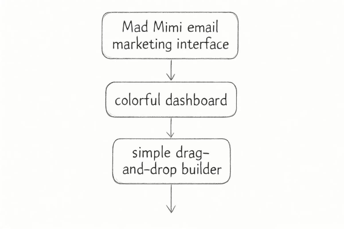 Mad Mimi email marketing interface showing its colorful dashboard and simple drag-and-drop builder