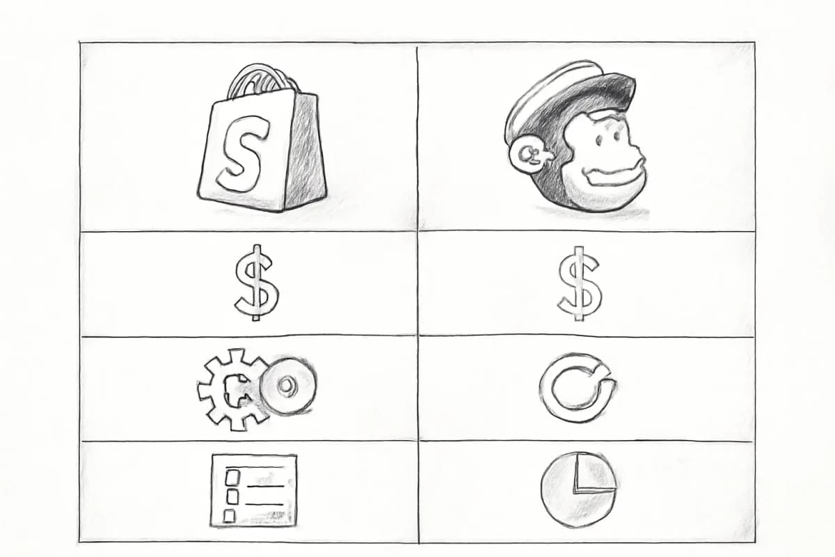 Tableau de comparaison Shopify Email vs Mailchimp montrant les différences de tarification, automatisation et segmentation