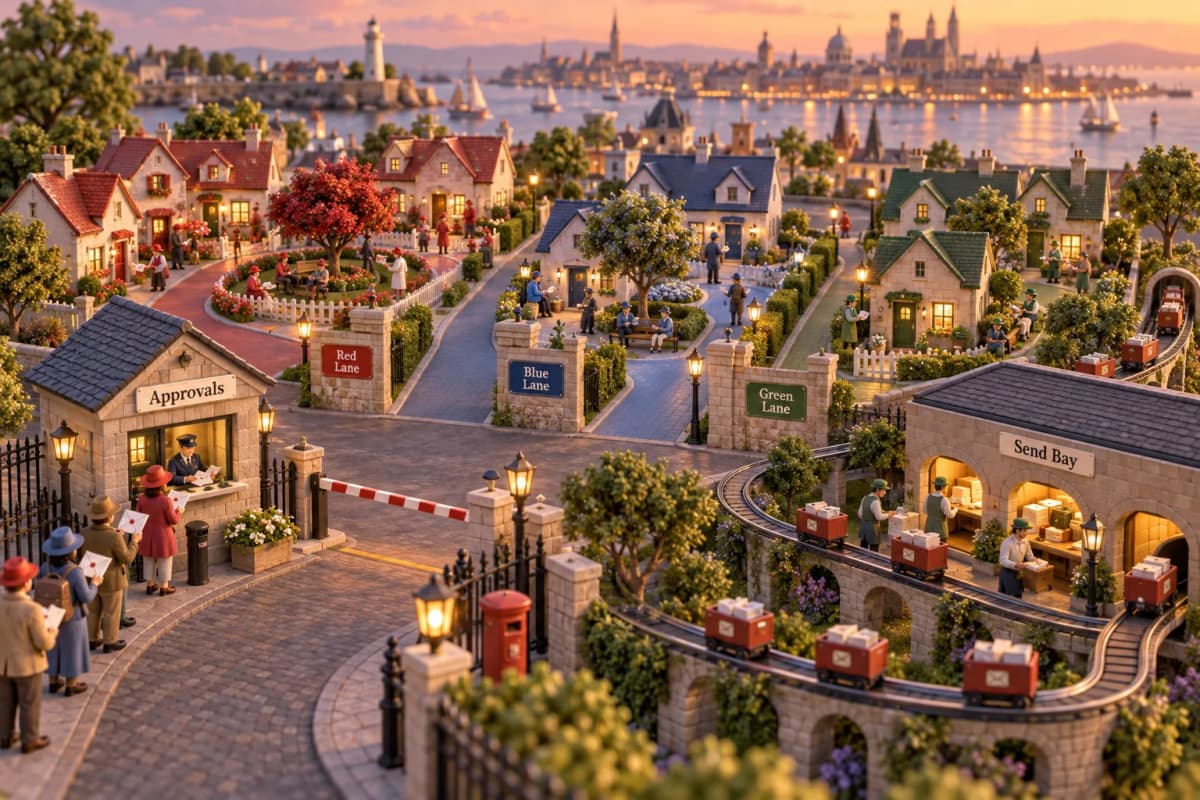 A tidy little postal district where newcomers queue at a small stamped gatehouse marked "Approvals," each carrying a sealed envelope to be checked before the boom barrier lifts.