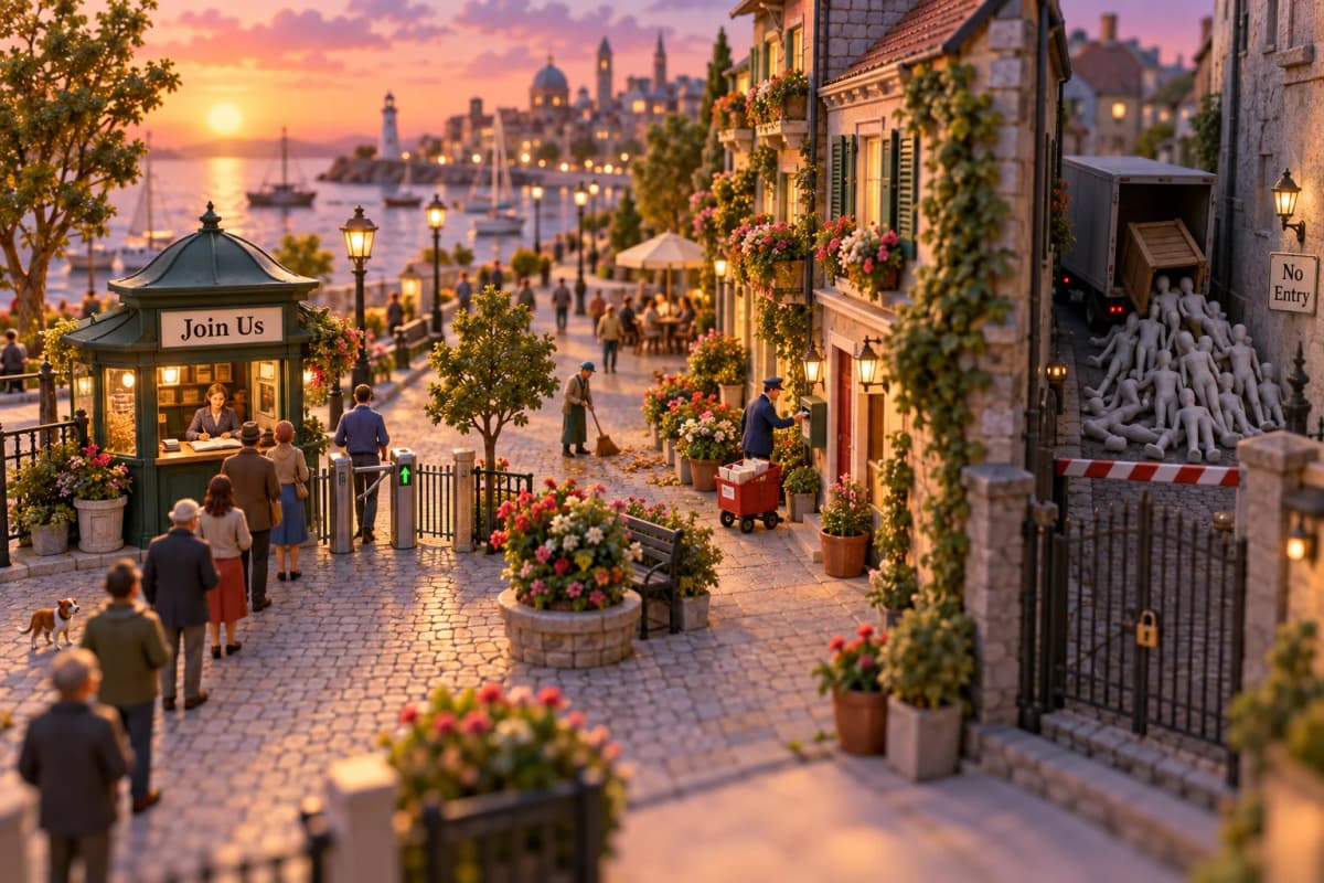 A tiny town square where a neat line of miniature people waits at a small green kiosk to sign a guest book, then steps through a friendly turnstile onto a tidy boulevard lined with