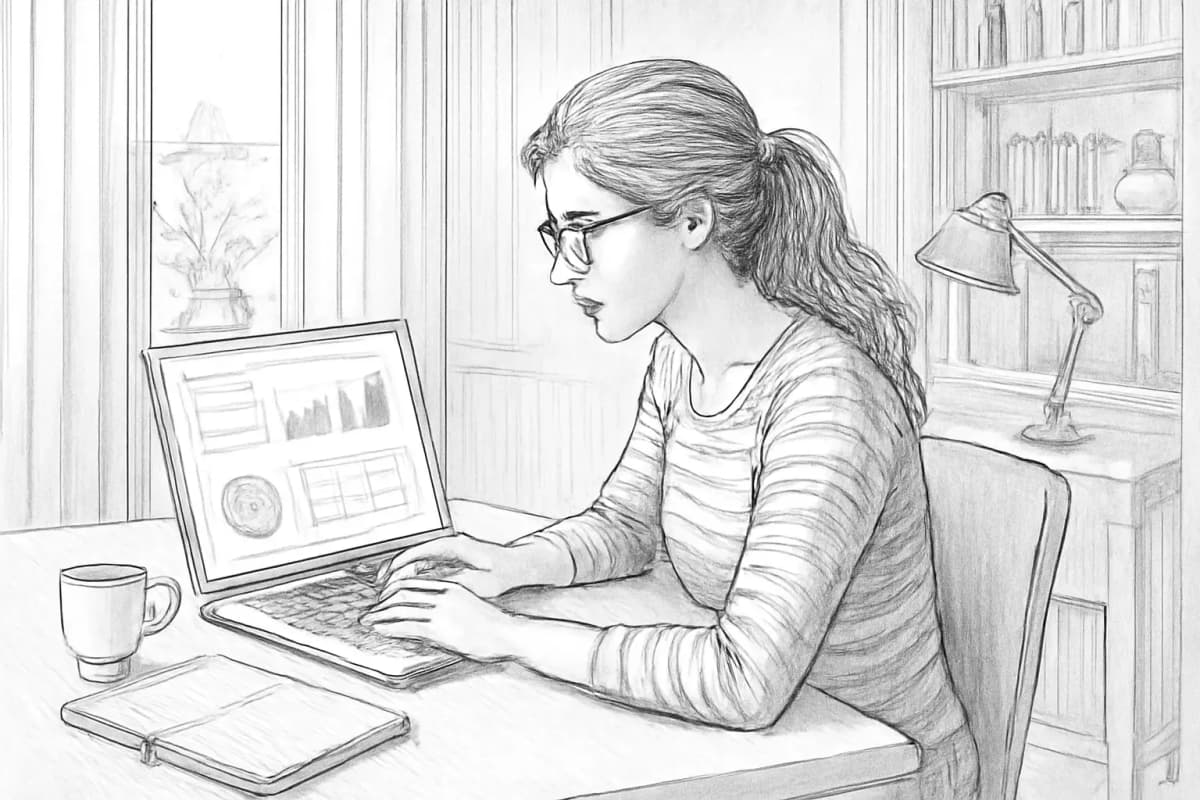 Freelance email marketer reviewing campaign analytics on a laptop at a home office desk