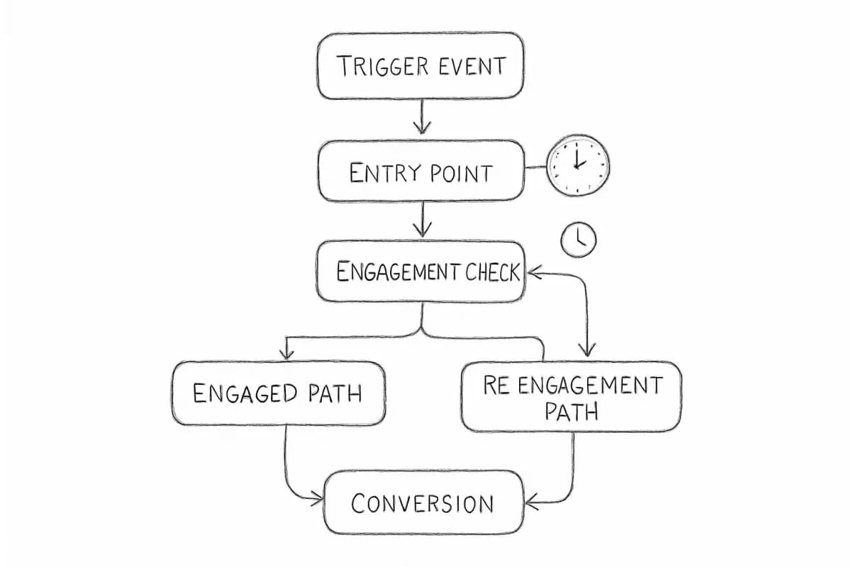 Diagramme de flux de travail d'automatisation email montrant le parcours client complet du déclencheur initial jusqu'à la conversion. Le flux doit afficher des étapes séquentielles: (1) Événement déclencheur (action ou comportement de l'abonné), (2) Entrée dans la séquence d'automatisation, (3) Premier email automatisé envoyé, (4) Point de décision basé sur l'engagement ou le délai, (5) Branchement conditionnel montrant différentes voies (abonnés engagés vs. abonnés inactifs), (6) Action finale de conversion ou de réengagement. Incluez des indicateurs visuels pour les plafonds de fréquence et les contrôles de timing. Utilisez des flèches pour montrer la progression entre les étapes. Le diagramme doit souligner comment l'automatisation achemine les abonnés dans différentes voies en fonction de leur comportement et de leurs niveaux d'engagement, prévenant la fatigue email par le biais de limites de fréquence.
