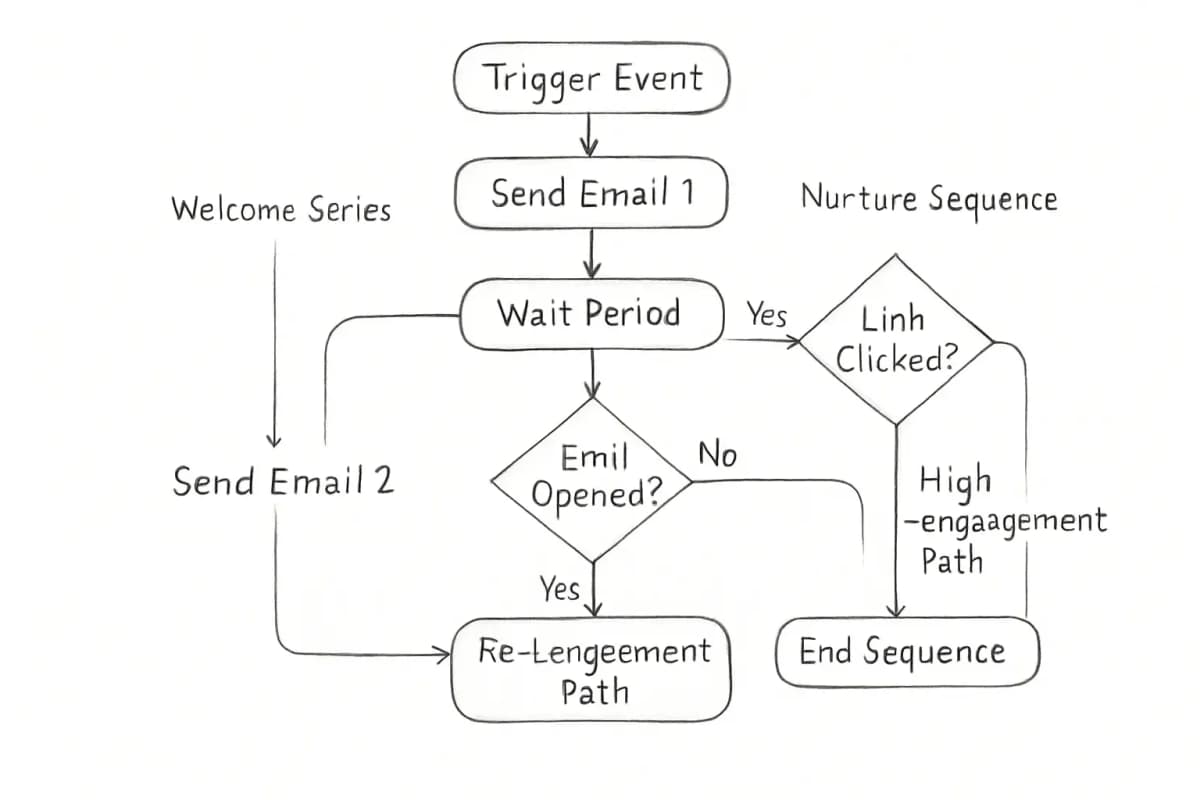 Email marketing automation workflow diagram showing trigger-based sequences. The diagram should display a linear flow starting with a trigger event (e.g., subscriber action), followed by sequential email sends with conditional logic branches. Include decision points where the workflow splits based on user behavior (e.g., email opened vs unopened, link clicked vs not clicked). Show how automation nurtures leads through different paths based on their engagement levels. Use boxes for actions (send email, wait period), diamonds for decision points, and arrows showing the flow direction. Include labels for common automation triggers like 'Welcome Series', 'Drip Campaign', 'Nurture Sequence', and behavior-based branches like 'High Engagement Path' and 'Re-engagement Path'.