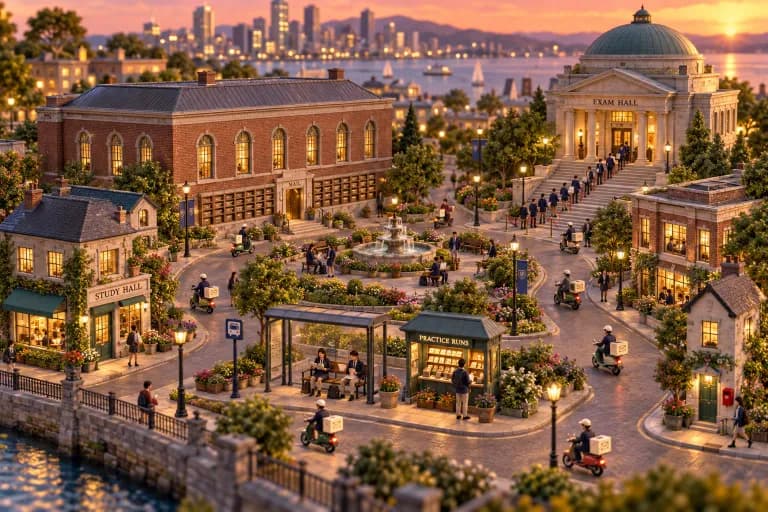 A compact campus district where five city blocks of unequal size cluster around a central plaza — the largest block a broad brick hall with mail slots along its façade, the smalles