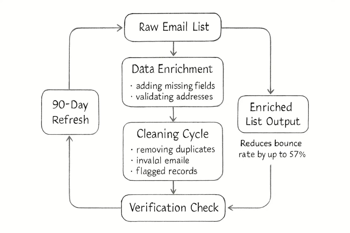 Email list verification and data hygiene workflow diagram showing a cyclical process. Start with raw email list, flows to data enrichment step (adding missing fields and validating addresses), then to cleaning cycle (removing duplicates, invalid emails, and flagged records), then to verification check (bounce detection and compliance validation), then back to enriched list output. Include a 90-day timer or refresh cycle indicator to emphasize the regular maintenance cadence mentioned in the article. Use arrows to show the continuous loop, with a note indicating 'Reduces bounce rate by up to 37%' at the output stage.