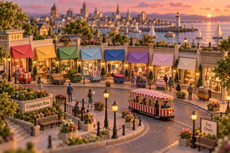 A crescent boulevard lined with eight small storefronts, each with an awning folded like an envelope flap in a different color, and each with its own little delivery cart parked at