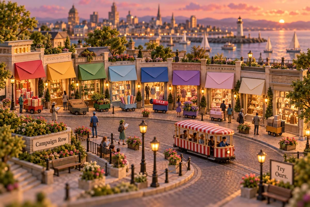 A crescent boulevard lined with eight small storefronts, each with an awning folded like an envelope flap in a different color, and each with its own little delivery cart parked at