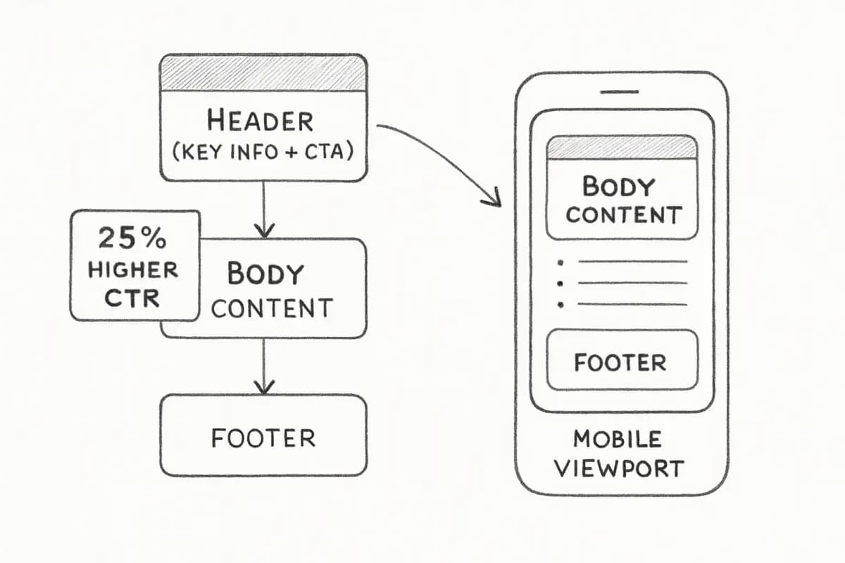 Email template visual hierarchy diagram showing three vertical sections: top header area highlighted in emphasis color with key information and CTA placement, middle body content section with bullet points and short paragraphs, bottom footer area. Arrows or visual indicators point to the header section with a label showing '25% higher CTR' to emphasize importance of above-the-fold placement. Include mobile viewport frame to show responsive design context.