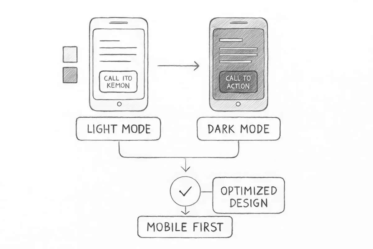 Visuel d'optimisation email mobile montrant un écran de smartphone affichant un email en modes clair et sombre côte à côte. La version en mode clair montre un texte noir standard sur fond blanc avec un bouton CTA bleu. La version en mode sombre montre un texte blanc sur fond sombre avec le même bouton CTA ajusté pour le contraste. Incluez des indicateurs visuels tels que les nuanciers de couleurs et une coche pour souligner que les deux versions ont été testées et optimisées. Le thème global doit transmettre les normes de design email mobiles prioritaires 2025.