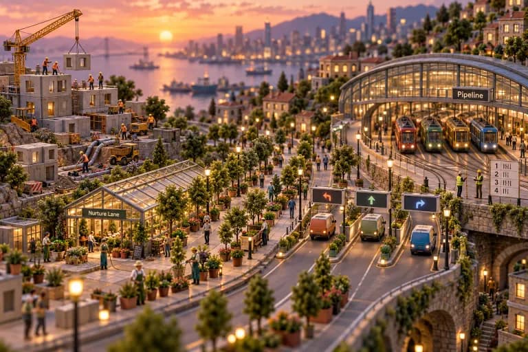 A compact hillside city divided into three connected quarters: a construction yard where tiny workers bolt together modular building blocks and lay fresh street plumbing, a long tr