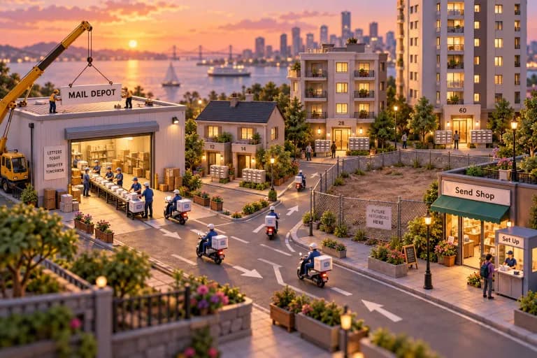 A tidy factory street where a conveyor belt runs out of an open warehouse door, tiny workers folding paper envelopes onto waiting delivery scooters that fan out down branching side