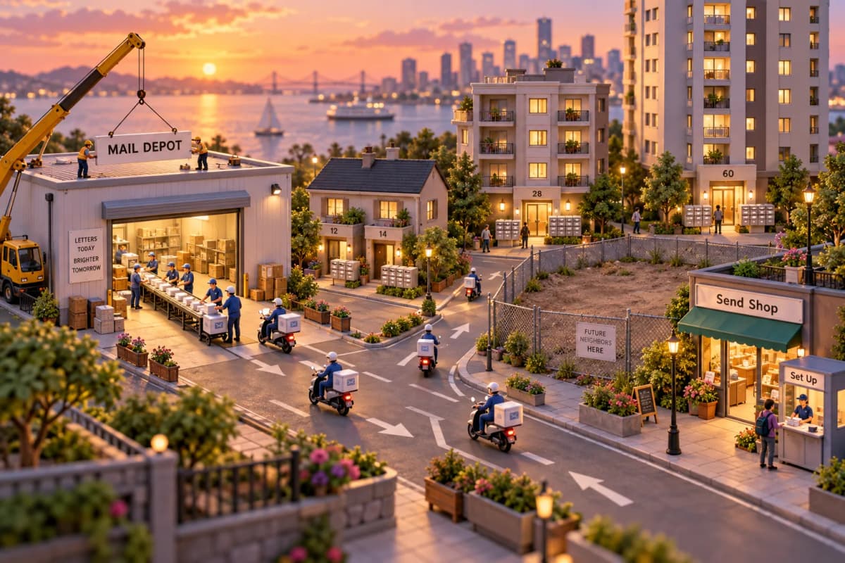 A tidy factory street where a conveyor belt runs out of an open warehouse door, tiny workers folding paper envelopes onto waiting delivery scooters that fan out down branching side