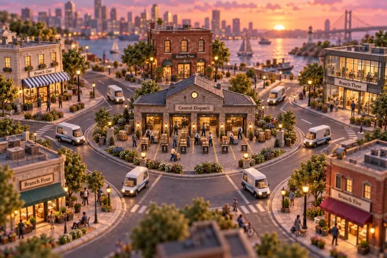 A single stone depot sits at the center of a roundabout, its loading bays feeding five spoke streets that each lead to a differently styled storefront block — one with striped awni