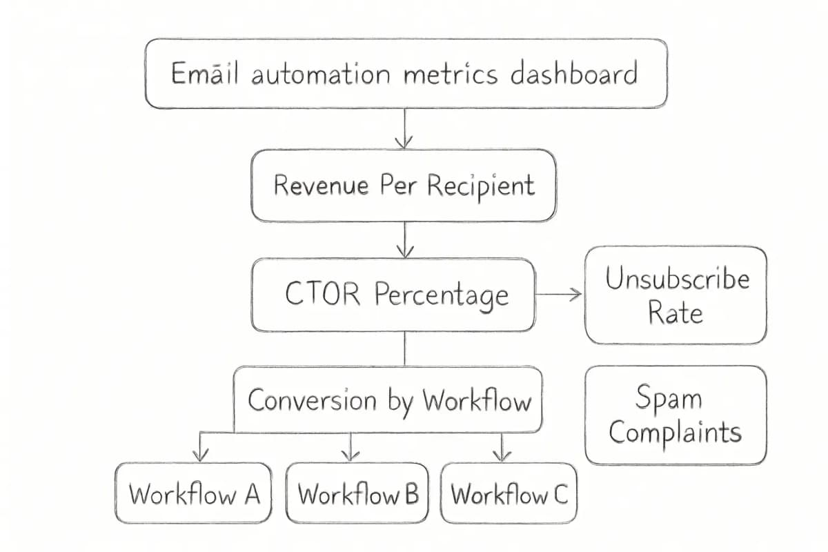 Tableau de bord des métriques d'automatisation email affichant quatre indicateurs clés de performance: revenus par destinataire (affichés en montant en euros), taux de clic ouverture ou CTOR (affichés en pourcentage), taux de conversion ventilés par type de workflow (affichés sous forme de postes de ligne séparés ou de colonnes), et taux de désinscription ou de plainte de spam (affichés comme indicateurs de santé). Le tableau de bord doit utiliser un style d'interface analytique moderne avec des graphiques, des cartes de métriques et des indicateurs d'état codés par couleur pour représenter les métriques saines par rapport à préoccupantes. Incluez au moins trois types de workflows automatisés distincts pour montrer comment les taux de conversion varient selon le type de séquence plutôt que d'être fusionnés en un seul nombre agrégé.