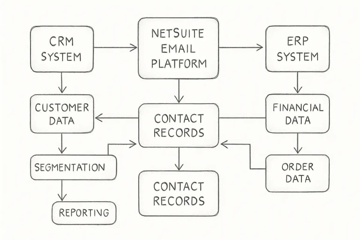 NetSuite email marketing integration architecture diagram showing three interconnected systems: CRM on the left, NetSuite email platform in the center, and ERP on the right. Bidirectional arrows illustrate data flows between systems: customer data and segmentation flowing from CRM to email platform, campaign engagement metrics and reporting flowing back from email platform to CRM, and financial and order data flowing from ERP to email platform for personalization and targeting. Include labels for each system and clearly show how contact records, campaign data, and reporting metrics move between components.