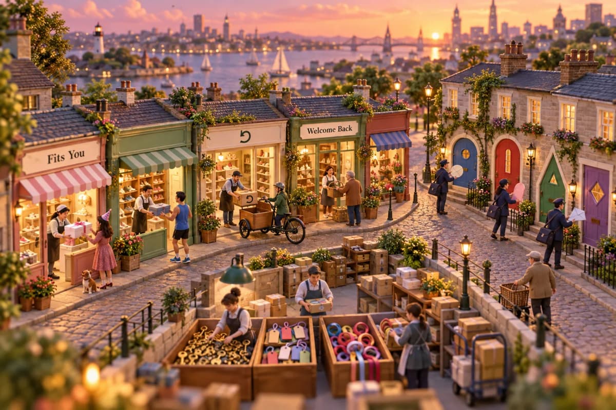 A short curving street of seven tiny shopfronts, each tailor fitting a parcel to one specific customer: a cake box handed to a woman in a party hat, a shoe box passed to a jogger,