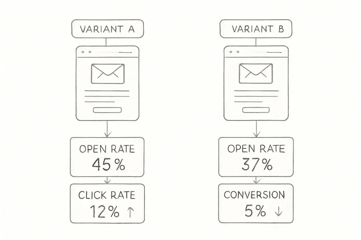 Comparaison côte à côte en écran divisé de deux variantes d'email (Variante A et Variante B) avec les métriques de performance du test A/B affichées sous chacune. Variante A à gauche, Variante B à droite. Sous chaque maquette d'email, affichhez les mesures clés au format de carte de données incluant le pourcentage de taux d'ouverture, le pourcentage de taux de clics et le pourcentage de taux de conversion. Utilisez des couleurs contrastées pour distinguer les deux variantes. Incluez des indicateurs visuels (flèches vers le haut ou vers le bas ou symboles de pourcentage) montrant les différences de performance entre les variantes.