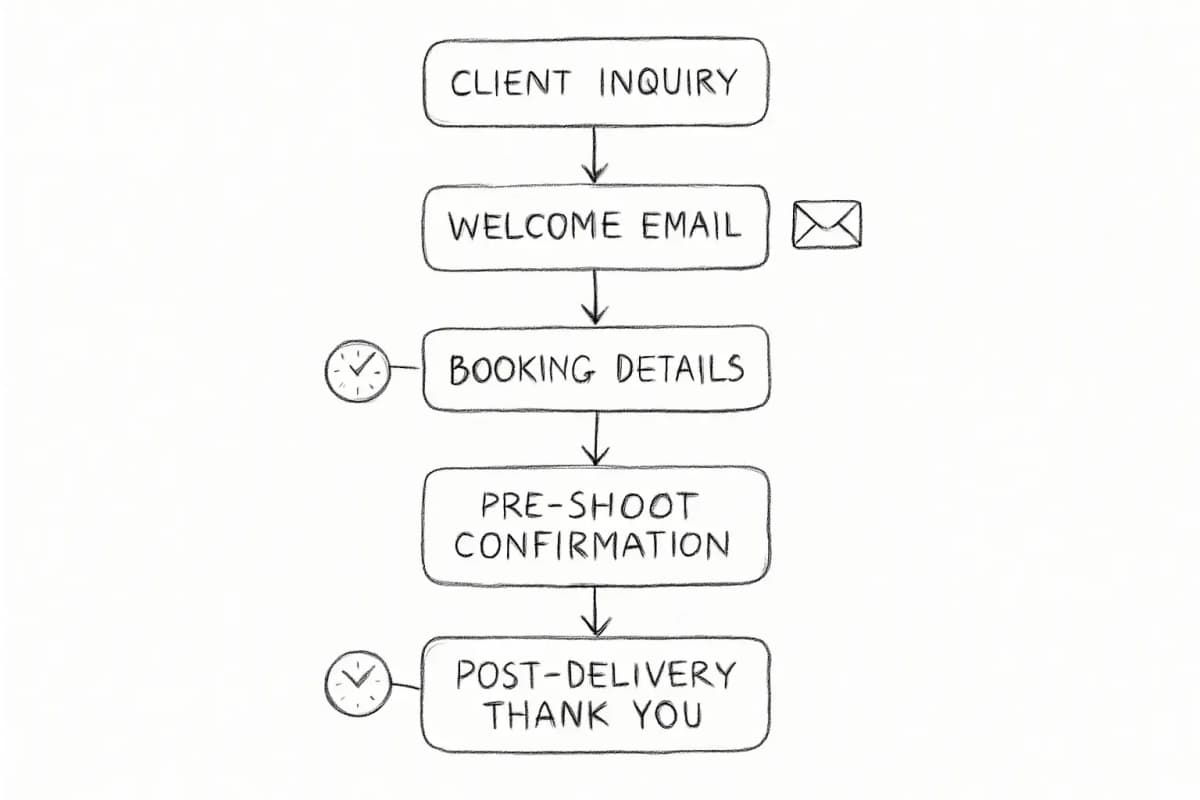 Diagramme de flux d'automatisation d'email pour photographes montrant le parcours client complet de la demande initiale au suivi après livraison. Le diagramme devrait afficher une séquence linéaire avec 5 à 6 nœuds clés reliés par des flèches: (1) Demande client reçue, (2) Email de bienvenue automatisé envoyé, (3) Email de détails de proposition et réservation, (4) Email de confirmation avant séance, (5) Email de remerciement après livraison, (6) Demande de recommandation ou rappel de réservation saisonnier. Incluez des icônes ou des indicateurs visuels à côté de chaque nœud montrant le déclencheur d'automatisation (par ex. icône d'horloge pour les délais programmés, icône d'enveloppe pour les emails). Le design global devrait transmettre que cette séquence s'exécute automatiquement sans intervention manuelle, permettant aux photographes de se concentrer sur leur travail principal tout en restant en contact cohérent avec les clients.