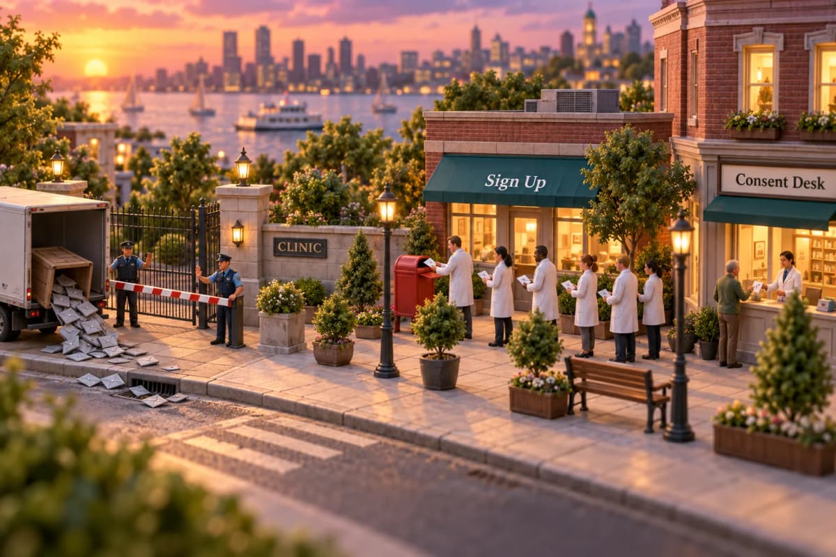A tiny medical district where an unmarked delivery truck tips a crate of identical grey envelopes onto the curb outside a clinic gate; a striped barrier and two uniformed figures t