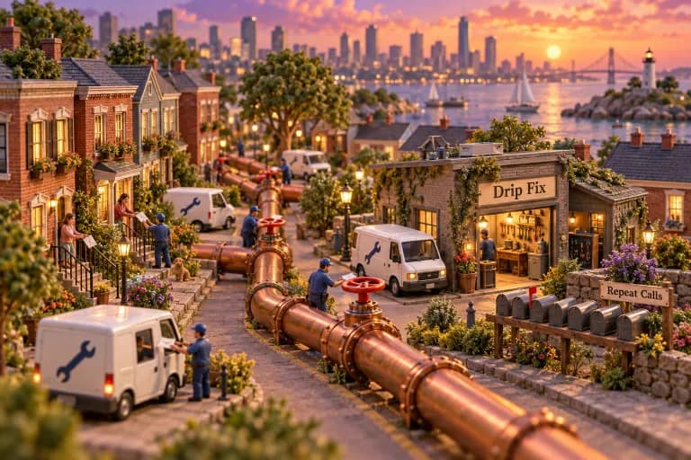 A tiny neighborhood where the streets are oversized copper pipes threaded between rowhouses, each joint capped with a bright valve wheel that a miniature technician is turning.