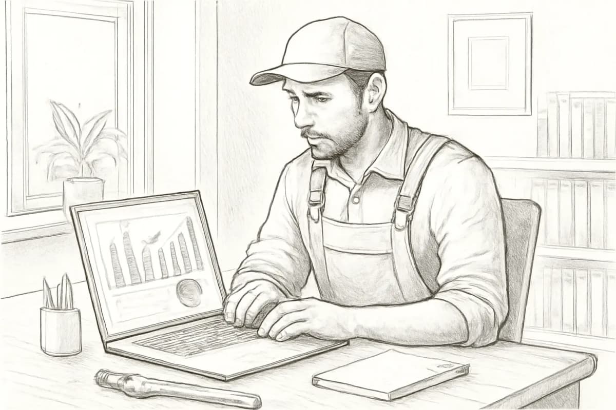 Plombier examinant les analyses de campagne email marketing sur un ordinateur portable dans un espace de travail à domicile