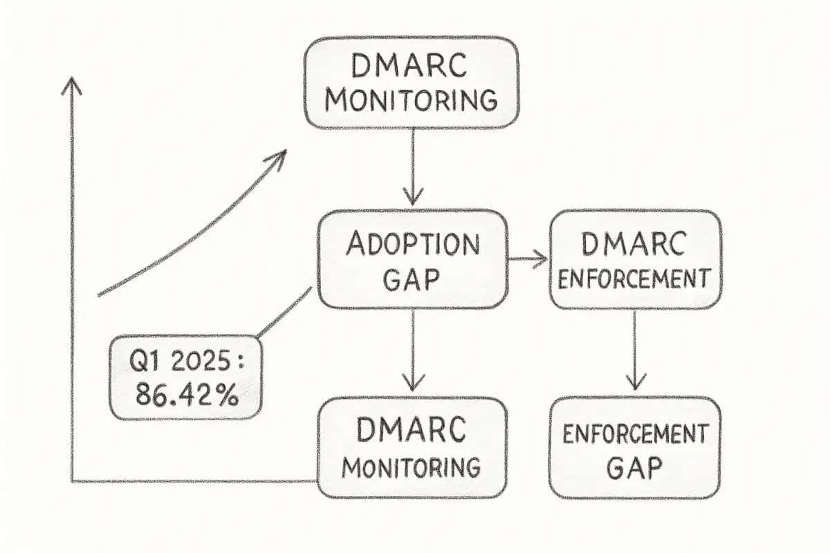 A dual-axis comparison chart showing DMARC adoption vs enforcement rates in 2026. The left axis shows DMARC pass rates increasing from 86.42% in Q1 2025 to 88.99% in Q1 2026, depicted as an upward trending line. The right axis shows the enforcement gap, illustrating the percentage of domains with DMARC monitoring enabled versus those with actual enforcement policies (reject/quarantine) activated. The visualization should clearly highlight the gap between adoption and enforcement to emphasize that many organizations monitor DMARC but do not yet enforce it. Use contrasting colors to distinguish adoption from enforcement, and include data labels for the 2025 and 2026 benchmark percentages mentioned in the article.