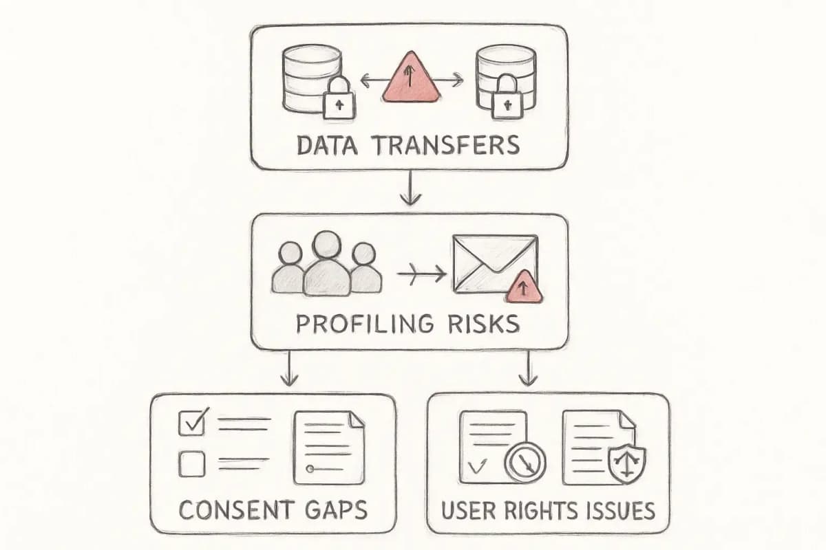 Un diagramme de hiérarchie visuelle montrant trois principaux risques de confidentialité dans le marketing par email alimenté par l'IA. Boîte supérieure: 'Transferts et stockage de données' montrant les données circulant entre les systèmes avec des icônes de verrous et des panneaux d'avertissement. Boîte centrale: 'Profilage et prise de décision automatisée' représentant les segments d'abonnés créés et les décisions prises sans révision humaine. Boîte inférieure: 'Lacunes de consentement et droits des utilisateurs' montrant des cases à cocher, des formulaires de consentement et des bloqueurs représentant l'absence de consentement significatif et la difficulté à appliquer les droits des personnes concernées. Chaque zone de risque se connecte vers le bas avec des flèches pour montrer l'escalade de la préoccupation. Incluez des icônes pour les données, les personnes et les documents juridiques. Utilisez des couleurs d'accent rouge pour les éléments d'avertissement.