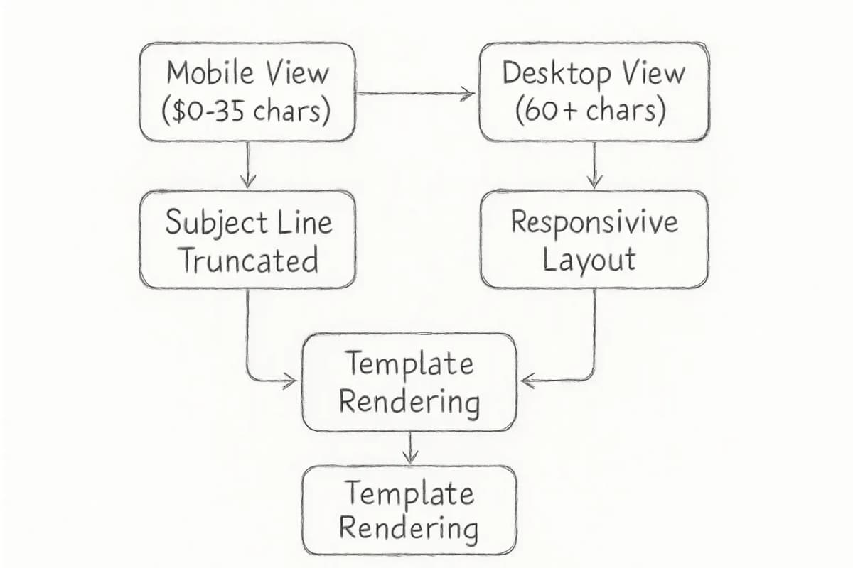 Comparaison côte à côte montrant comment les modèles d'emails s'affichent différemment sur mobile (limite de ligne d'objet de 30 à 35 caractères avec aperçu tronqué) par rapport au bureau (60+ caractères de ligne d'objet avec aperçu complet visible). Le côté gauche montre l'écran du téléphone portable avec une mise en page serrée et du texte coupé; le côté droit montre le navigateur de bureau avec le modèle d'email complet affiché. Doit démontrer visuellement le défi de la conception réactive et pourquoi l'optimisation mobile importe pour les modèles d'emails marketing.