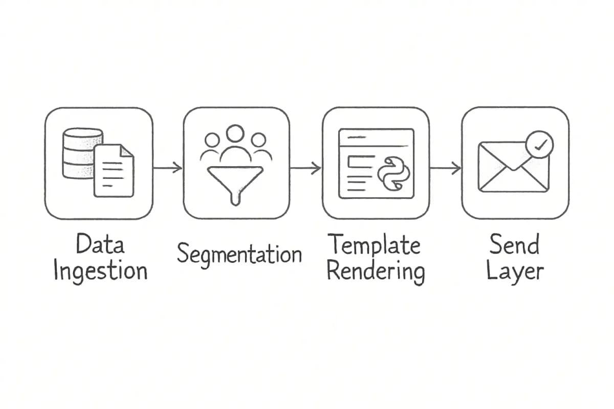 Python SDK email automation workflow diagram showing four connected layers: data ingestion layer (pulling subscriber lists and behavioral data), segmentation layer (filtering and organizing audiences based on criteria), template rendering layer (dynamically generating personalized email content with Python variables), and send layer (dispatching emails with proper authentication and tracking). Flow should move left to right with arrows connecting each stage sequentially. Include small icons or visual indicators for each layer to represent their function.