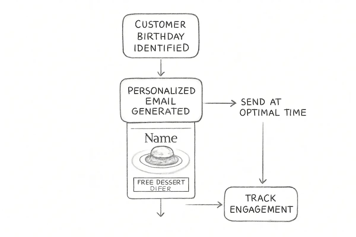 Exemple de personnalisation d'email de restaurant montrant un parcours client segmenté: un client reçoit un email d'anniversaire personnalisé avec son nom bien en évidence en haut, présentant une offre de dessert gratuit avec une image de nourriture appétissante, ainsi qu'un bouton CTA clair. L'email démontre la messagerie ciblée pour un segment de client spécifique basée sur les données d'anniversaire, montrant comment la personnalisation augmente la pertinence et la probabilité de conversion dans le marketing par email pour restaurants.