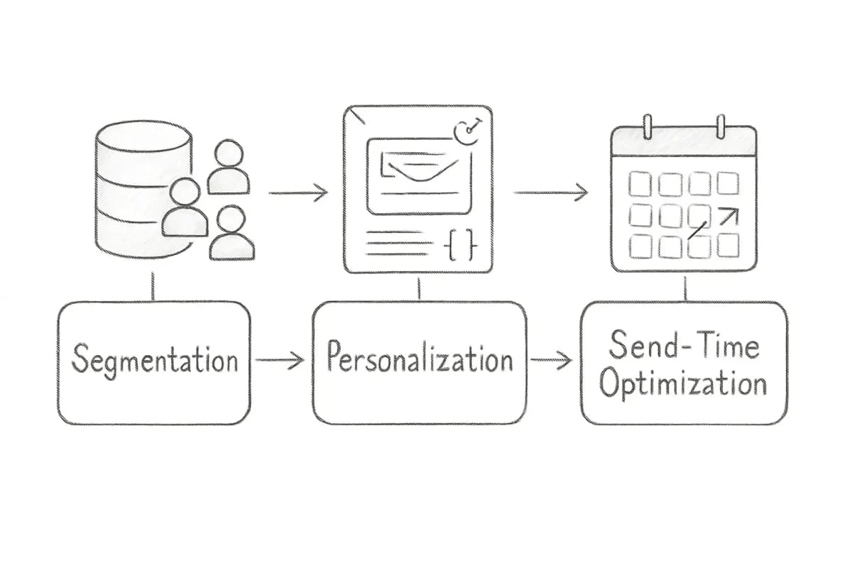 Diagramme du workflow d'email marketing IA montrant trois étapes connectées : segmentation (base de données des groupes d'abonnés), personnalisation (contenu personnalisé et champs dynamiques) et optimisation de l'heure d'envoi (calendrier avec indicateurs de timing). Les flèches circulent de gauche à droite en connectant chaque étape, avec de petites icônes représentant l'entrée de données, la variation de contenu et la planification de la livraison.