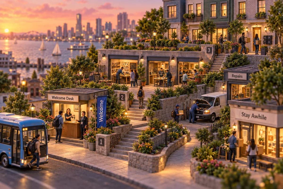 A newcomer steps off a small bus at the edge of a tidy block and follows a numbered walkway that climbs three shallow terraces — the first lined with welcome banners and guides han