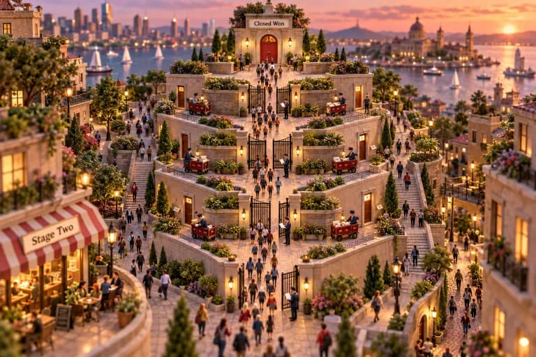 A wide boulevard of tiny pedestrians narrows through four stepped plazas, each one smaller than the last, until a single red door opens onto a checkout courtyard; low gates between